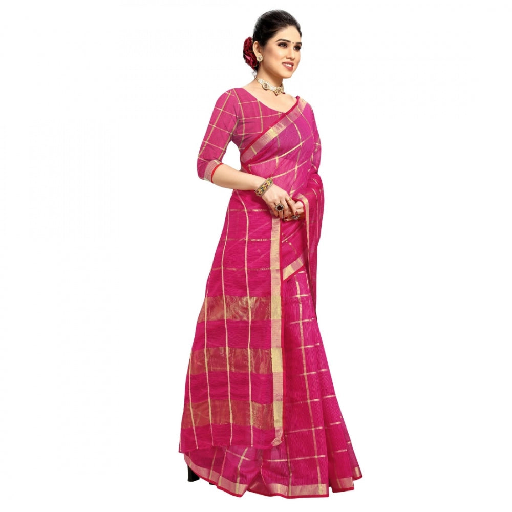 Amfyn Women's Kota Doria Cotton Checked Saree With Blouse (Rani, 5-6 Mtrs)