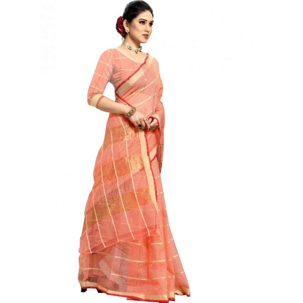 Amfyn Women's Kota Doria Cotton Checked Saree With Blouse (Peach, 5-6 Mtrs)