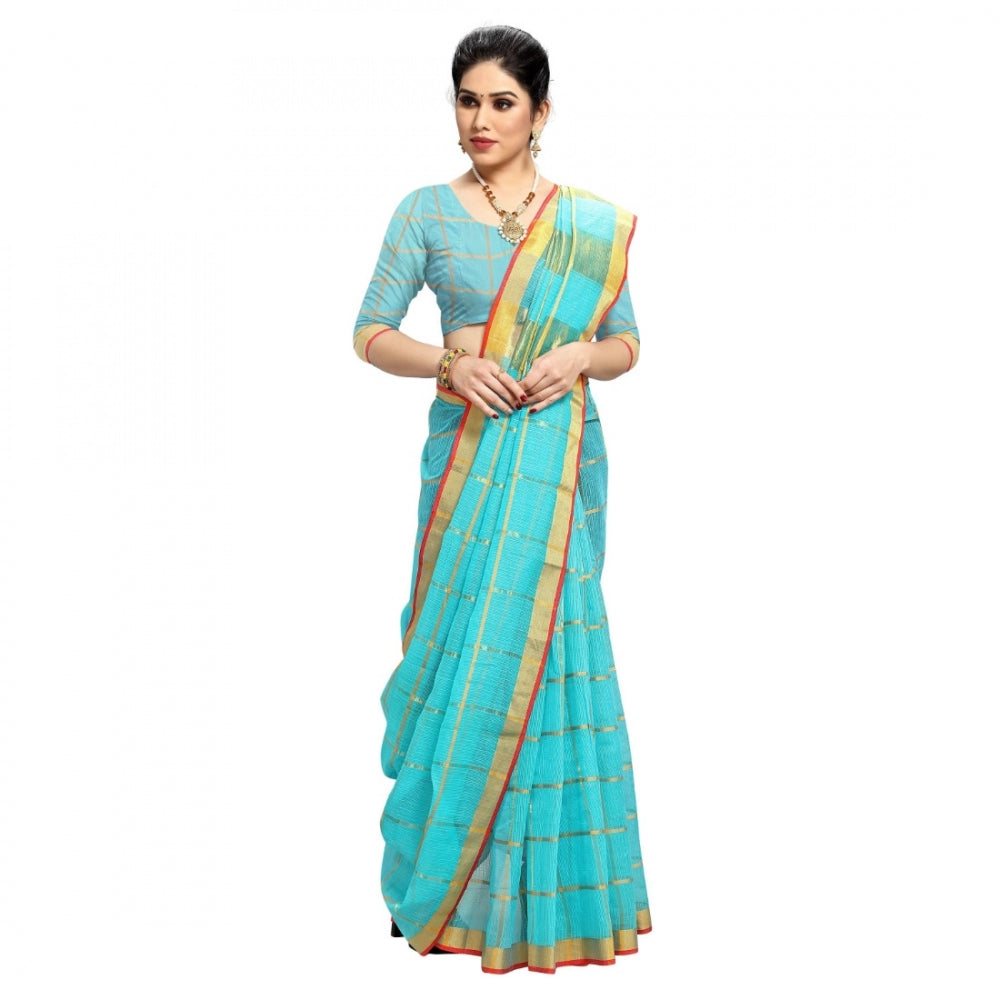 Amfyn Women's Kota Doria Cotton Checked Saree With Blouse (Sky Blue, 5-6 Mtrs)