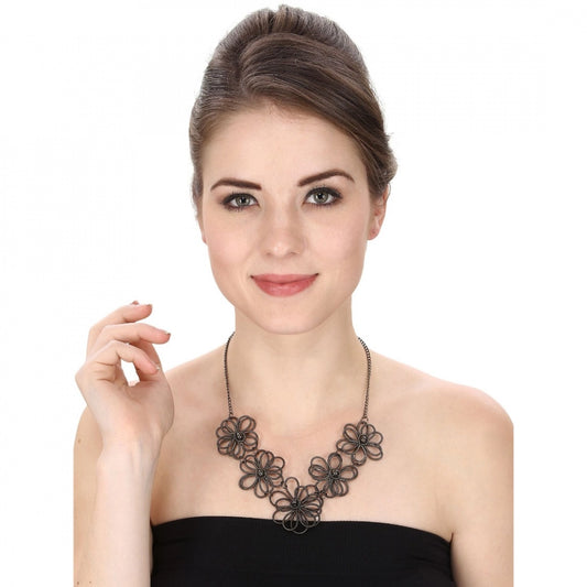 Fashion Designer Flower Style Oxidized Necklace (Color: Antique Silver)