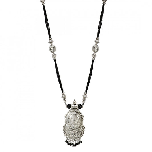 Fashion German Silver Oxidized Handmade Dori Thread Durga Ma Charm Pendant Necklace (Color: Silver)