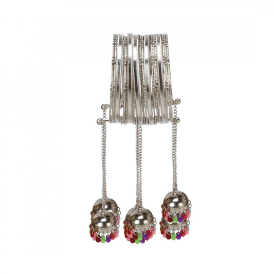 Fashion Stylish Alloy Metal Free Size Jhumki Drops Silver Tone Bangle Bracelet (Color: Silver)