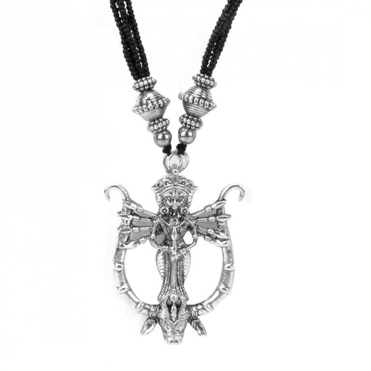 Fashion German Silver Oxidized Handmade Dori Thread Durga Ma Charm Pendant Necklace (Color: Silver)