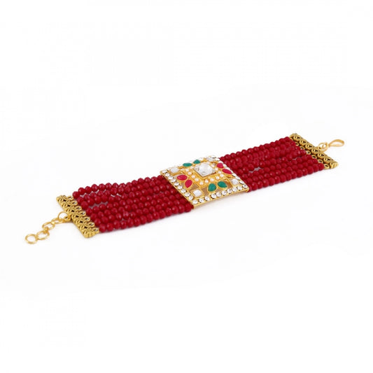 Fashion Stylish Maroon Crystal Beads Gold Plated Kundan Bracelet (Color: Maroon)