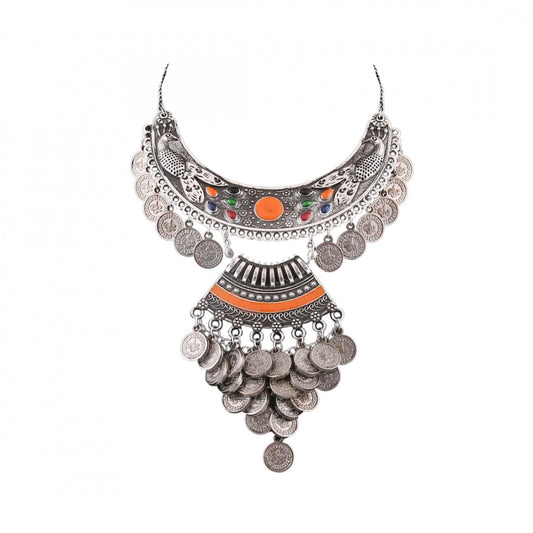 Fashion Designer Oxidised German Silver Tribal Necklace Pandeant Antique Necklace (Color: Silver)