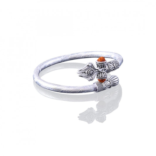 Fashion Rudraksha Shiv Om Trishul Damroo Designer Silver Plated Kada Bracelet (Color: Silver)