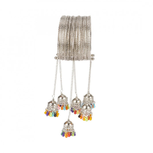 Fashion Stylish Oxidized Silver Bangle Bracelet With Hanging Jhumki (Color: Silver)