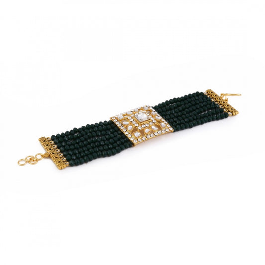 Fashion Stylish Green Crystal Beads Gold Plated Kundan Bracelet (Color: Green)