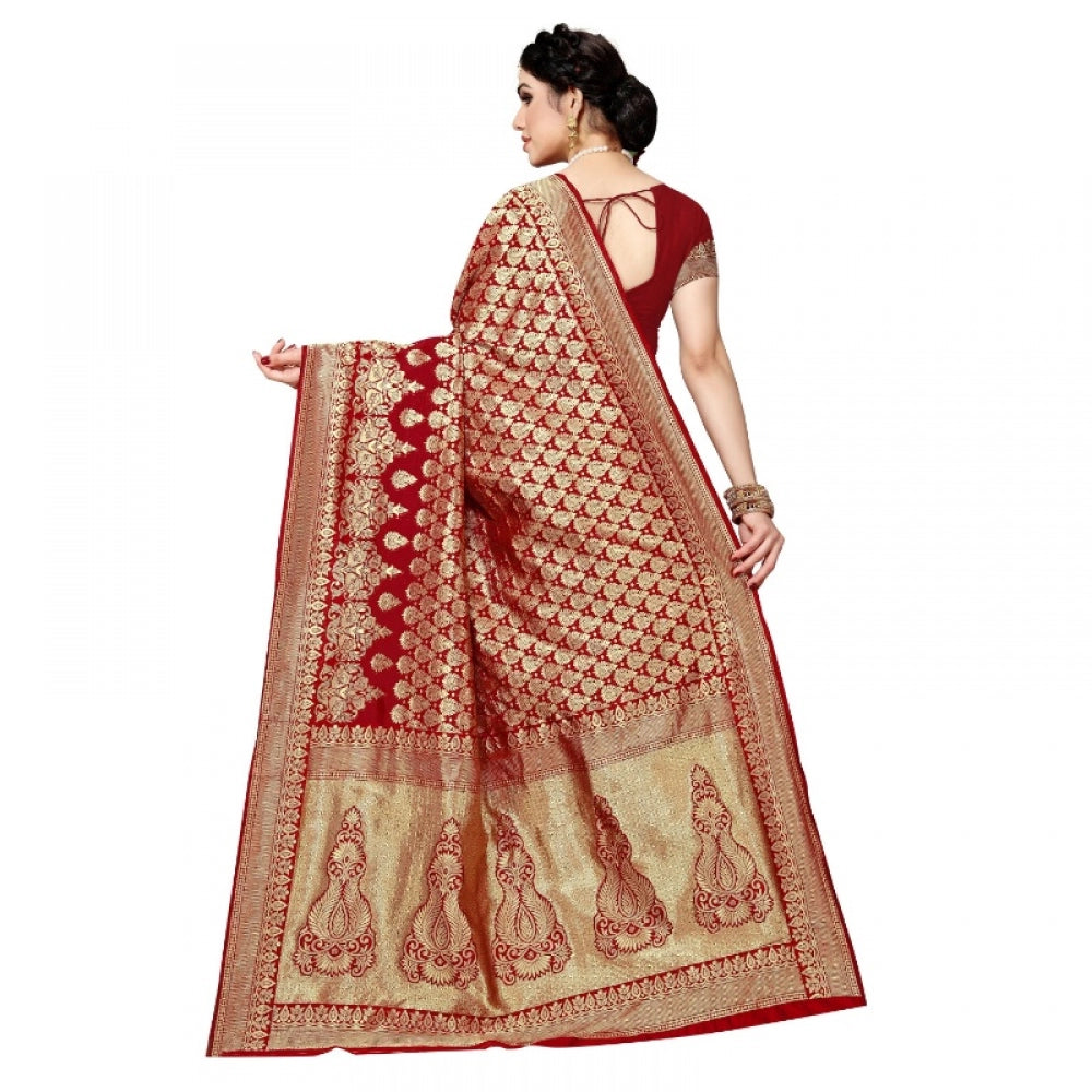 Amfyn Women's Jacquard Silk Kanjivaram Jacquard Silk Saree With Blouse (Red, 5-6 Mtrs)