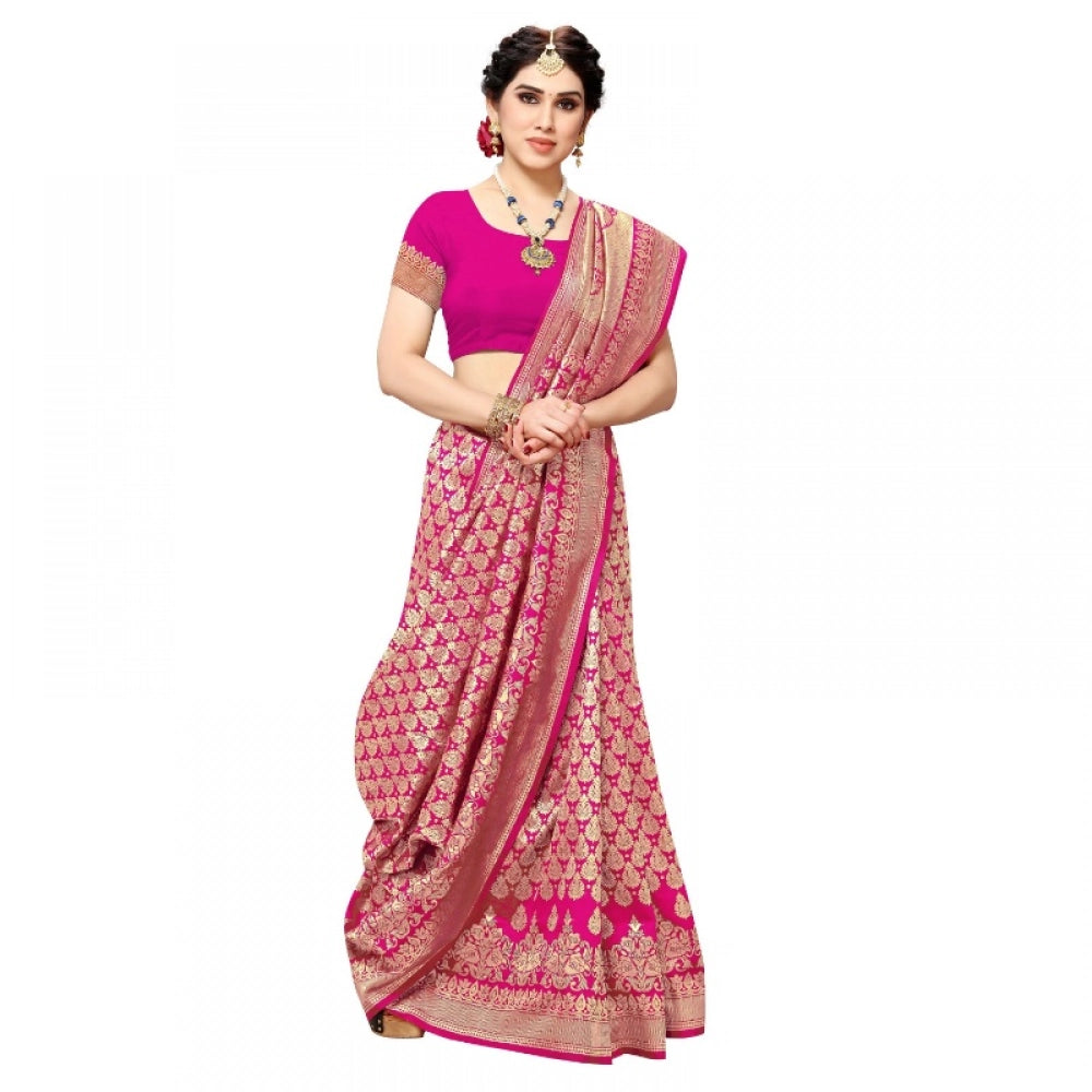 Amfyn Women's Jacquard Silk Kanjivaram Jacquard Silk Saree With Blouse (Pink, 5-6 Mtrs)