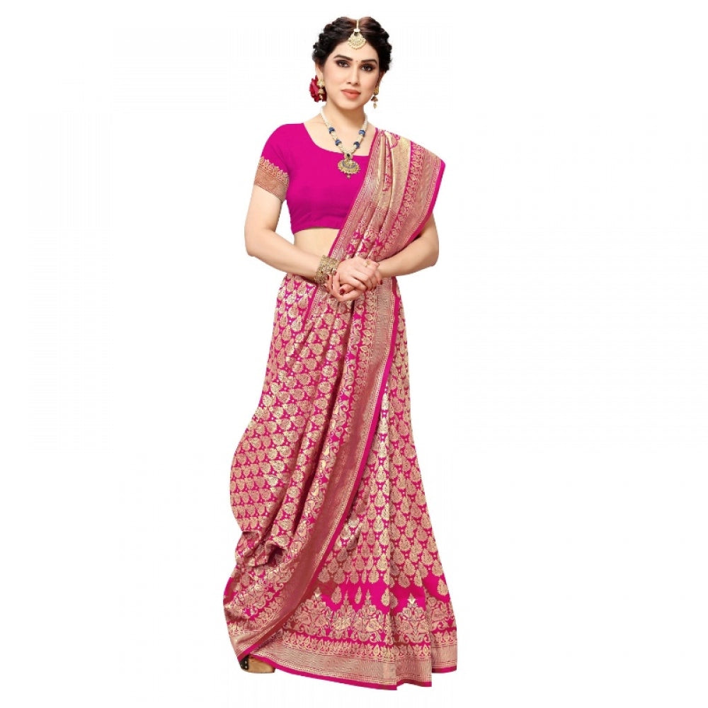 Amfyn Women's Jacquard Silk Kanjivaram Jacquard Silk Saree With Blouse (Pink, 5-6 Mtrs)