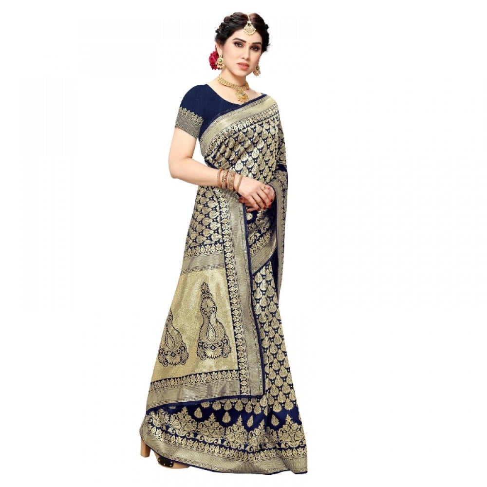 Amfyn Women's Jacquard Silk Kanjivaram Jacquard Silk Saree With Blouse (Navy Blue, 5-6 Mtrs)