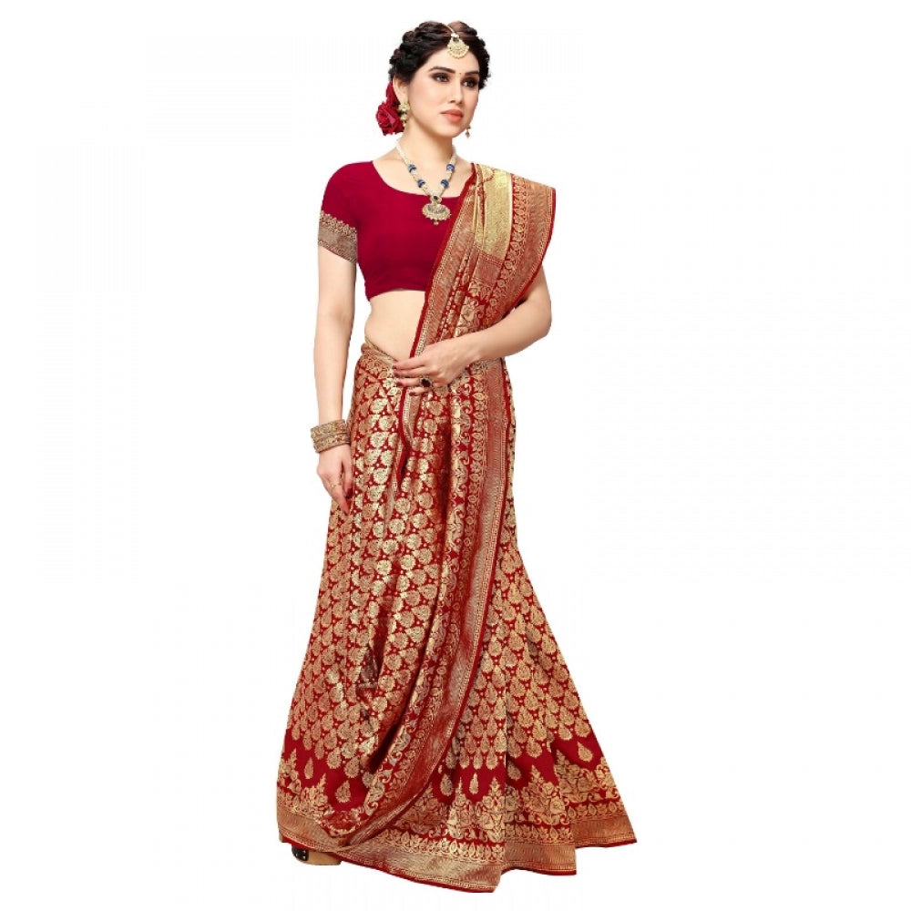 Amfyn Women's Jacquard Silk Kanjivaram Jacquard Silk Saree With Blouse (Red, 5-6 Mtrs)