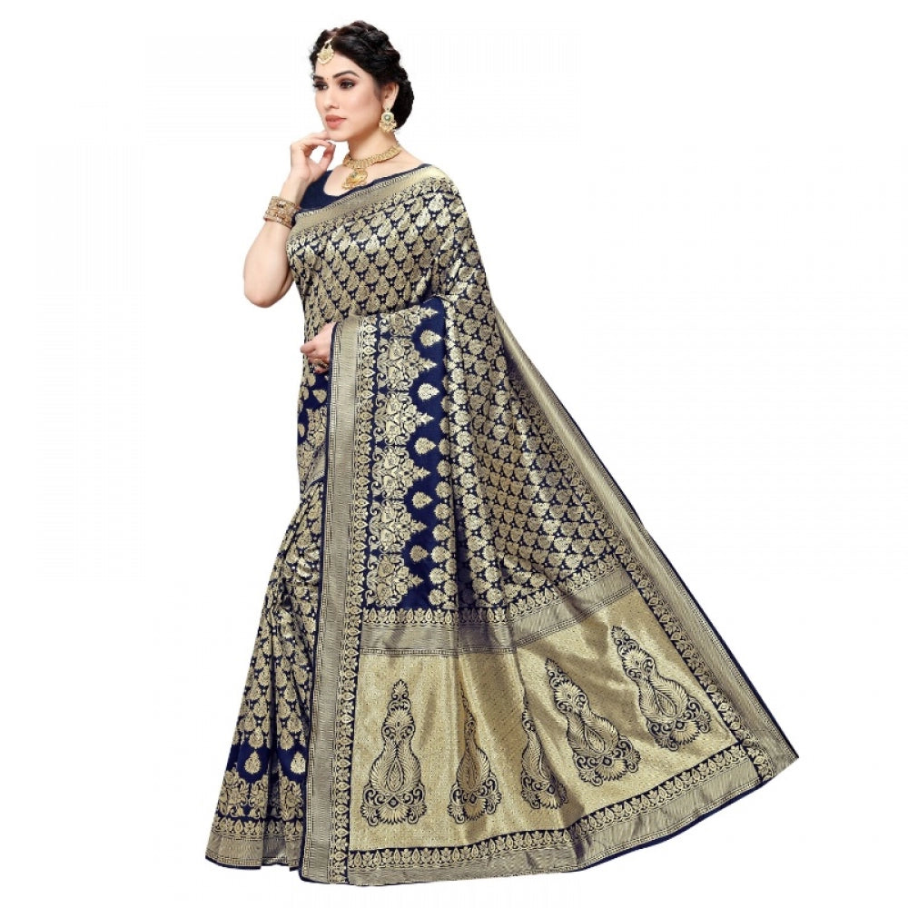 Amfyn Women's Jacquard Silk Kanjivaram Jacquard Silk Saree With Blouse (Navy Blue, 5-6 Mtrs)