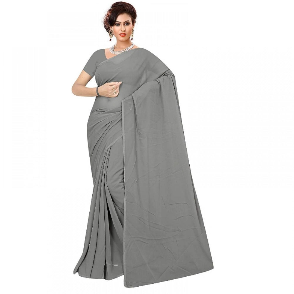 Amfyn Women's Georgette Plain Saree With Blouse (Grey, 5-6 Mtrs)
