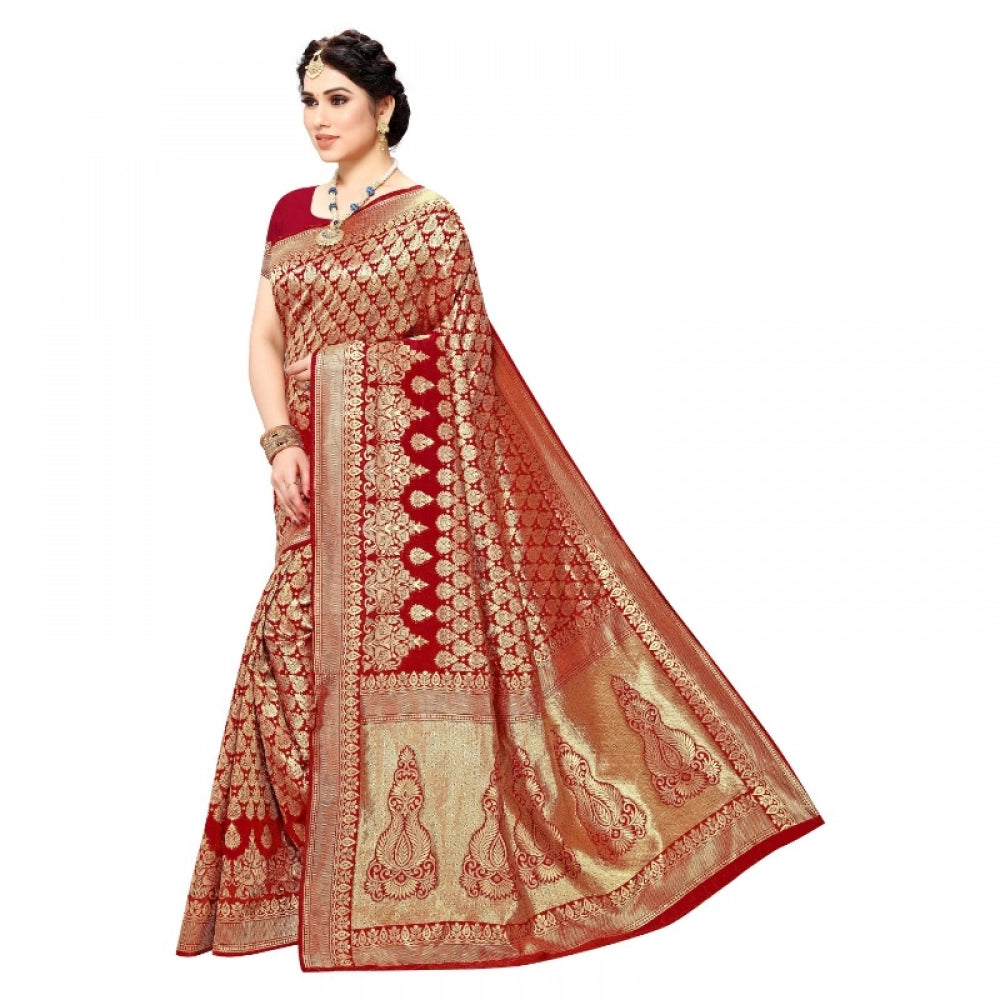 Amfyn Women's Jacquard Silk Kanjivaram Jacquard Silk Saree With Blouse (Red, 5-6 Mtrs)