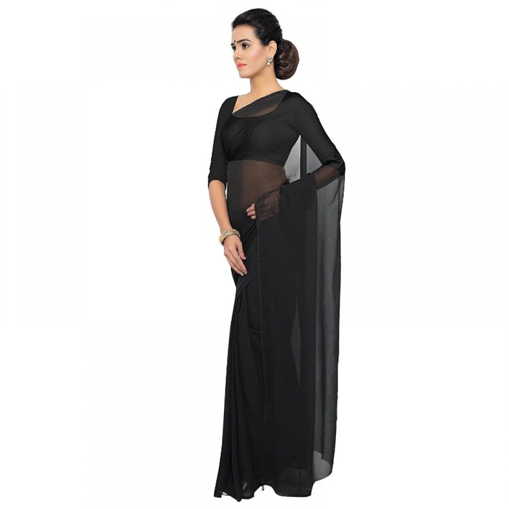 Amfyn Women's Georgette Plain Saree With Blouse (Black, 5-6 Mtrs)