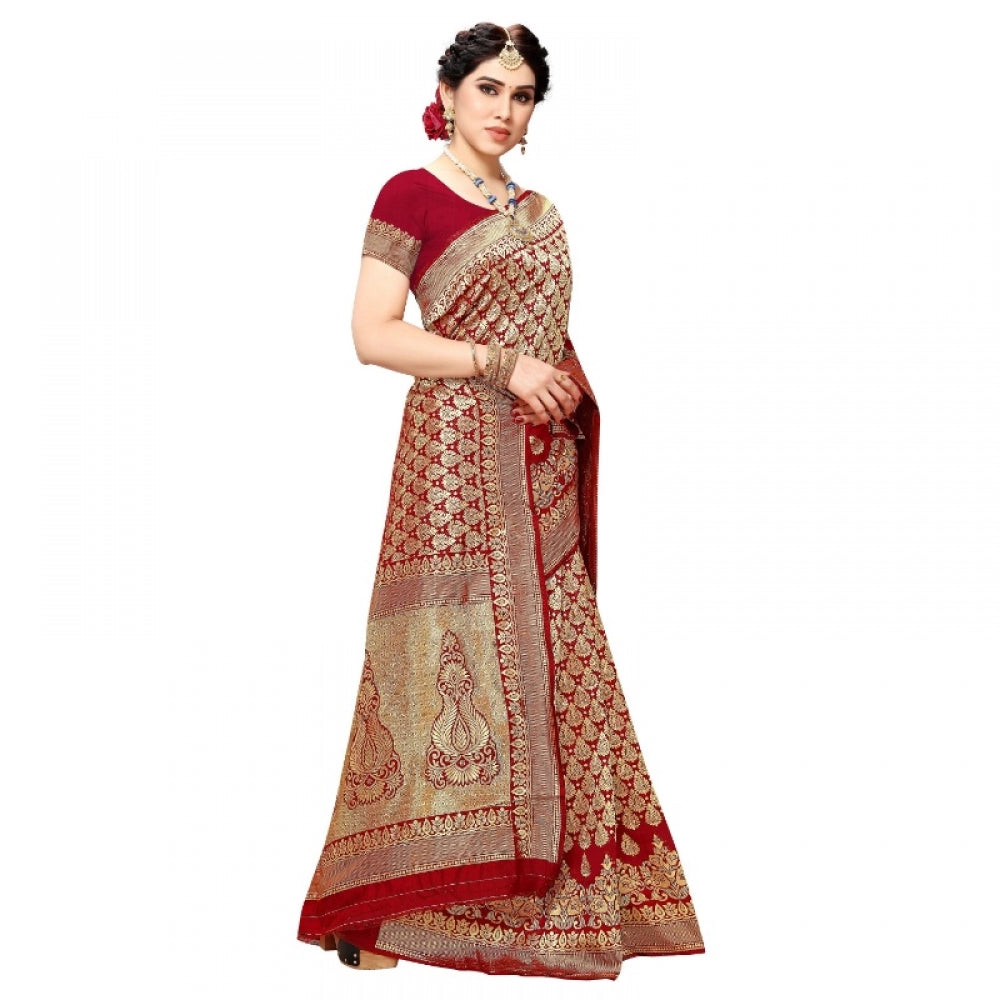 Amfyn Women's Jacquard Silk Kanjivaram Jacquard Silk Saree With Blouse (Red, 5-6 Mtrs)
