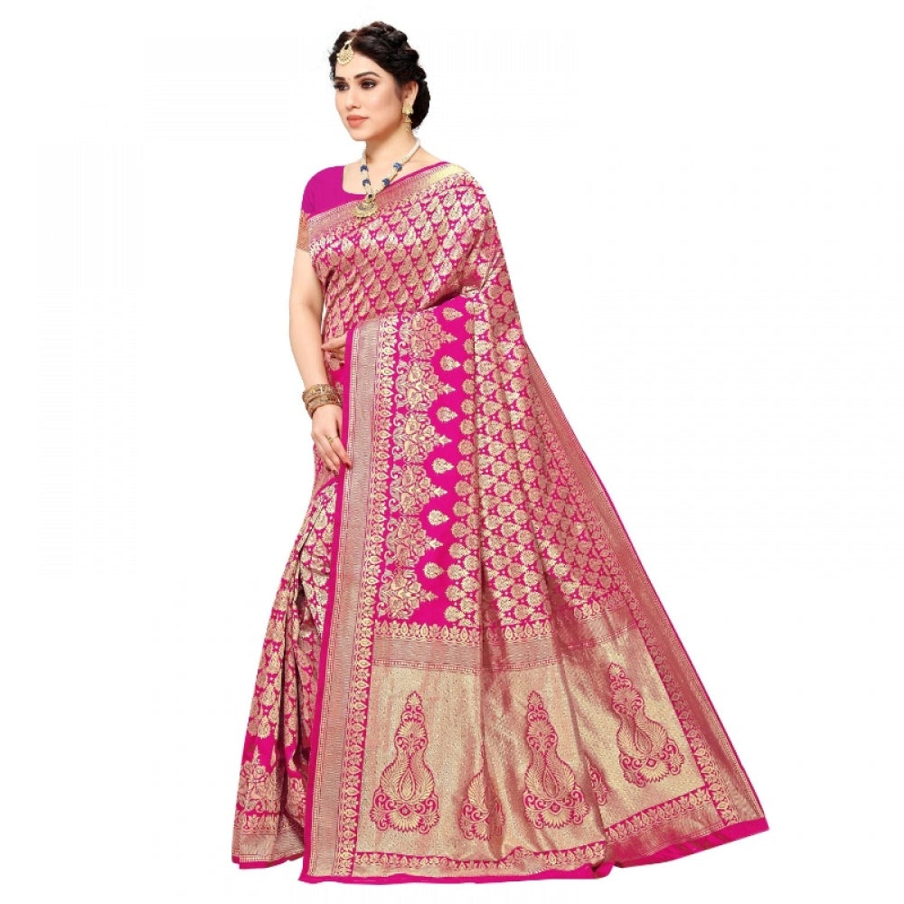 Amfyn Women's Jacquard Silk Kanjivaram Jacquard Silk Saree With Blouse (Pink, 5-6 Mtrs)
