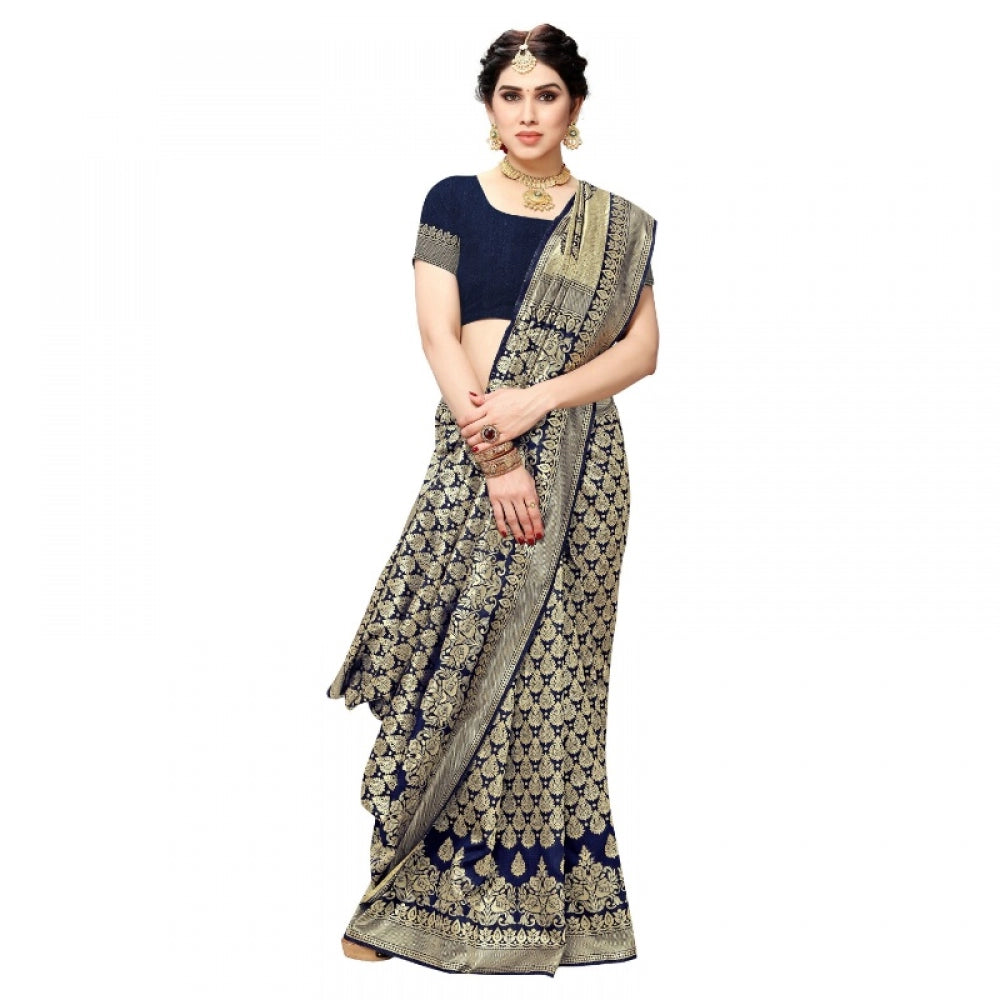Amfyn Women's Jacquard Silk Kanjivaram Jacquard Silk Saree With Blouse (Navy Blue, 5-6 Mtrs)
