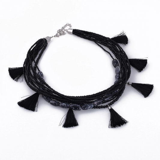 Fashion Women's Designer Black Tassels Necklace (Color: Black)