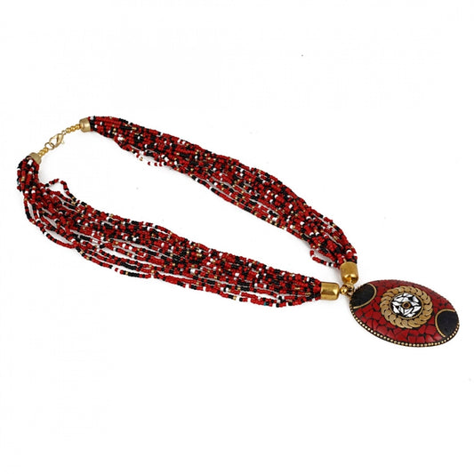 Amfyn Women's Multicolor Tibetan Style Beads Necklace (Color: Red)