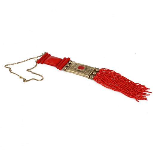Fashion Women's Red and Golden Designer Tibetan Style Beads Necklace (Color: Red)