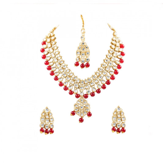 Fashion Maroon Beads Gold Plated Kundan Necklace Set For Women