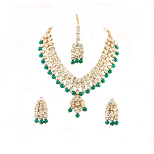 Fashion Green Beads Gold Plated Kundan Necklace Set For Women