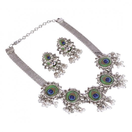 Fashion Antique German Silver Oxidised Plated Peacock Choker Necklace Set For Women
