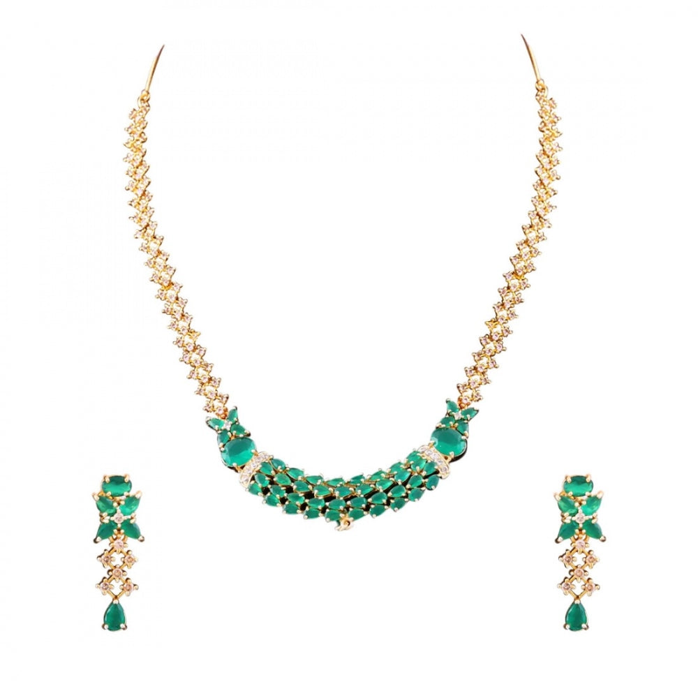 Fashion Stylish Gold Plated Green Stone American Diamond Jewellery With Earrings Set For Women