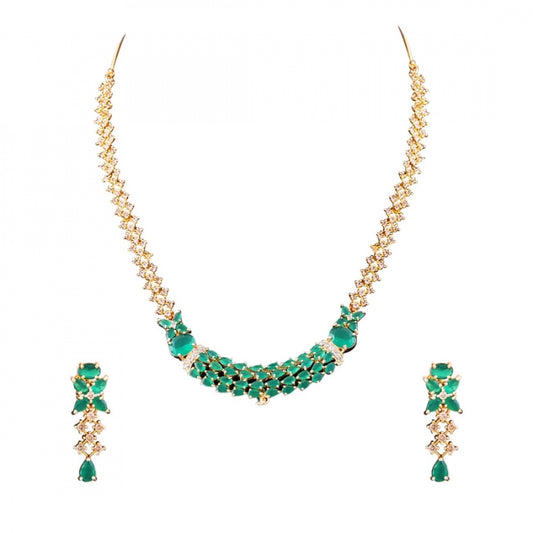 Fashion Stylish Gold Plated Green Stone American Diamond Jewellery With Earrings Set For Women