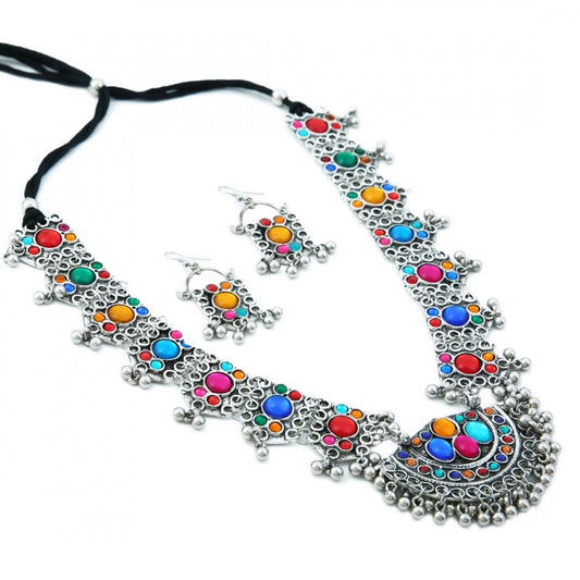 Fashion Fashion Wear Alloy Metal Multi Colour Mirror Work Silver Oxidised Necklace Set For Women