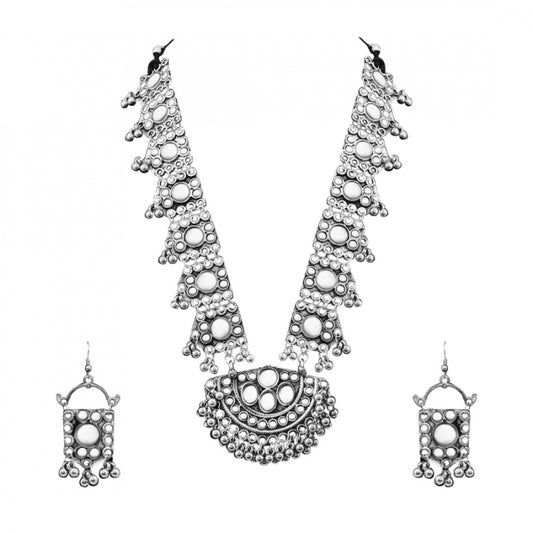 Fashion Fashion Wear Metal Mirror Work Long Silver Oxidised Necklace With Earrings Set For Women