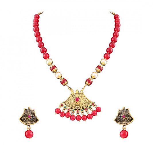 Fashion Gold Plated Pendant Red Beads Traditional Jewellery Set For Women