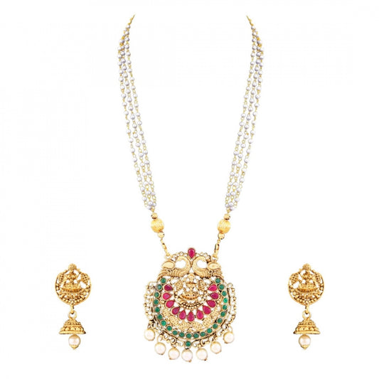 Fashion Gold Plated Stone Work Gold Plated Temple Necklace Set For Women