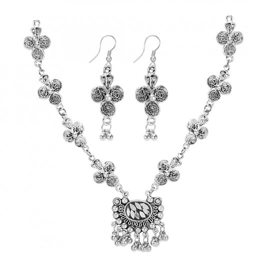 Fashion Jewellery Antique Silver Stone Work Handcrafted Oxidised Necklace Set For Women