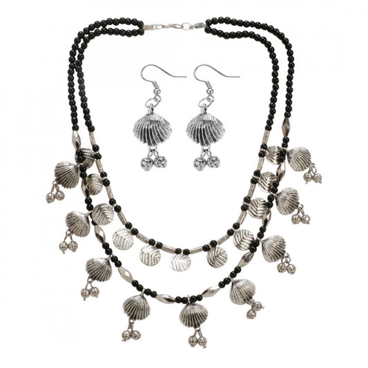 Fashion Jewellery Shell Style Multi Layer Black Beads Oxidized Necklace With Earrings Set For Women