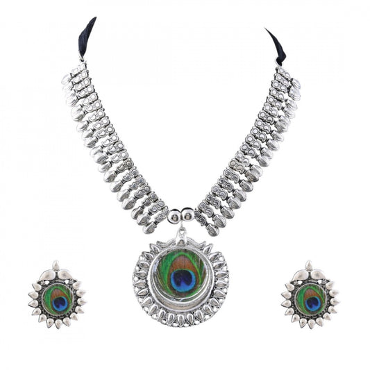 Fashion Silver Oxidized Silver Peacock Necklace Set For Women