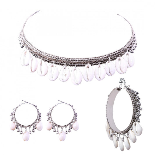 Fashion Traditional German Silver Shells Necklace Boho Designer Oxidized German Silver Plated Choker Necklace With Earrings And Bracelet Set For Women