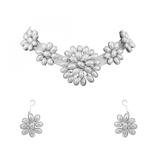 Fashion Stylish Pearl Beads Oxidised Silver Necklace Set For Women
