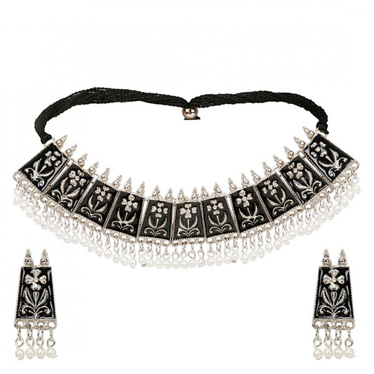 Fashion Jewellery Antique Silver Black Meena Work Handcrafted Oxidised Necklace Set For Women