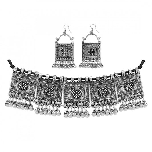 Fashion Jewellery Antique Peacock Ghungroo Choker Oxidized Necklace With Earrings Set For Women