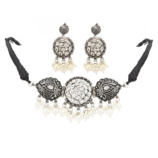 Fashion Stylish Afghani Pendant Turkish Stone Choker Silver Oxidised Jewellery With Earrings Set For Women