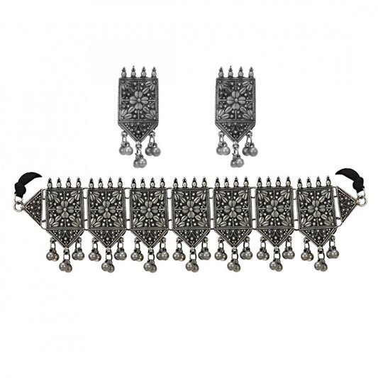 Fashion Jewellery Antique Silver Look Oxidised Polish Latest Choker Jewellery Set For Women