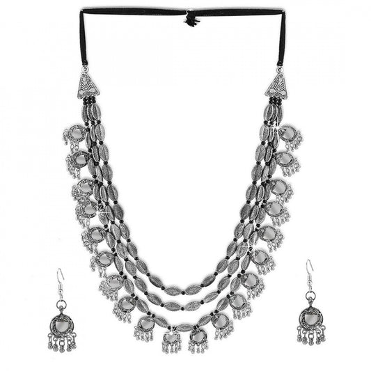 Fashion Stylish Afghani Multi Layered Mirror Oxidised Silver Jewellery Set For Women