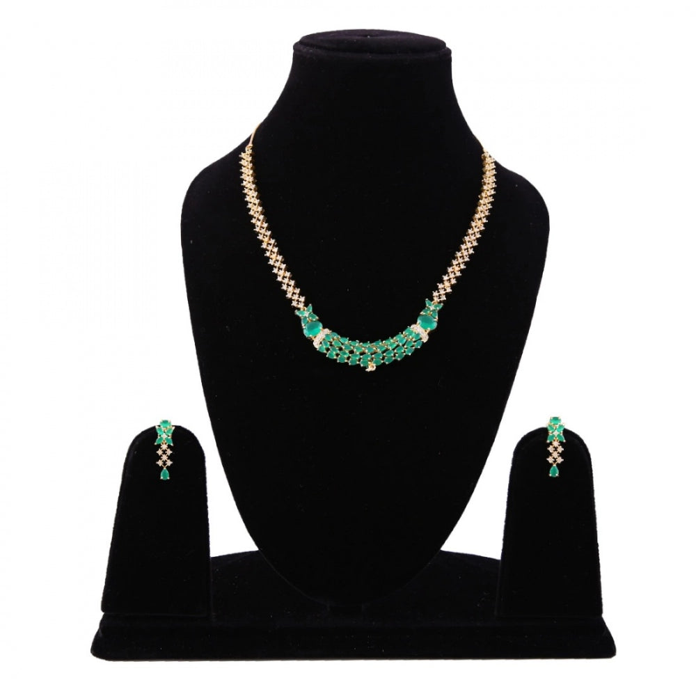 Fashion Stylish Gold Plated Green Stone American Diamond Jewellery With Earrings Set For Women