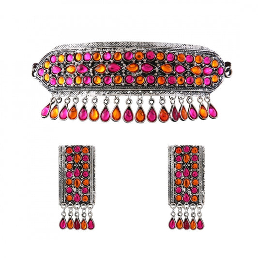 Fashion German Oxidised Plated Tribal Afghani Choker Necklace With Earrings Set For Women