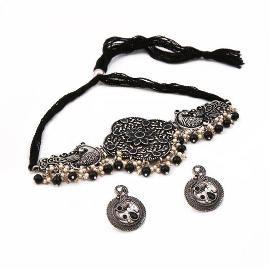 Fashion Jewellery Black Oxidised Black Stone Handcrafted Oxidised Choker Necklace Set For Women