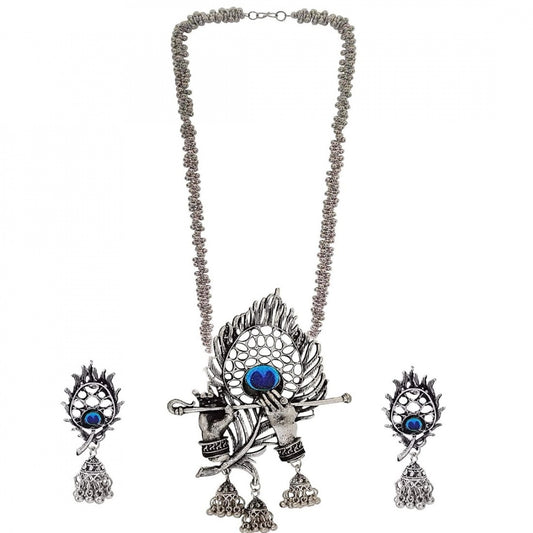Fashion Stylish Alloy Metal Krishna Murli Style Silver Oxidised Necklace Set For Women